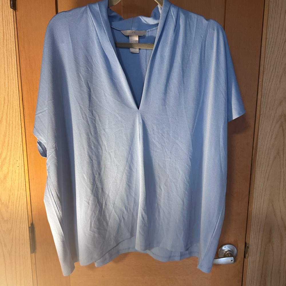 H&M Blue Relaxed Boxy Blouse with Mandarin Collar
